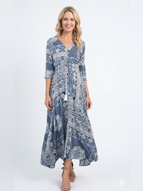 Simple Blue Patterned Maxi Dress with Tie Waist